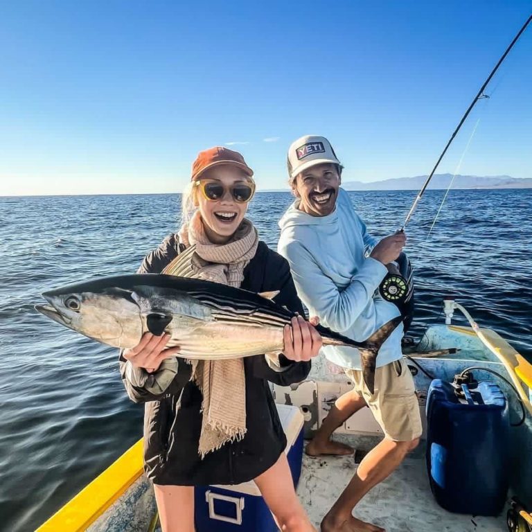 Double-up bonito fly fishing action in Baja!