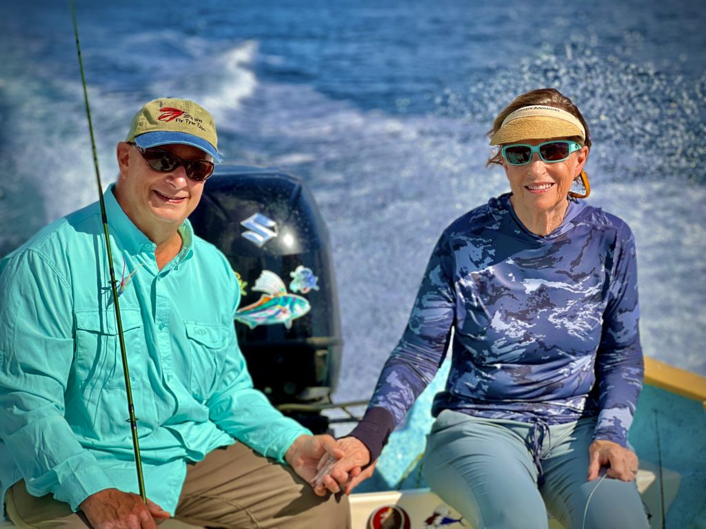Jim and Donna Teeny fly fishing for roosterfish in Baja California with El Gallo Fly Fishing Lodge on a couples retreat.
